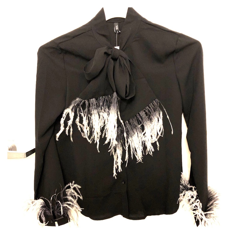 Feather trim tie neck blouse